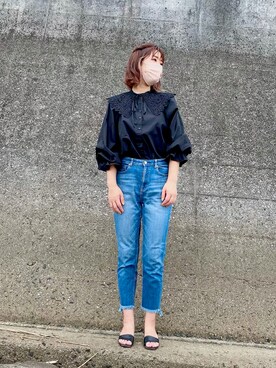 「moment+（モーメントプラス）のアイテム（シャツ/ブラウス、ブラック系）」を使った、kumingさん（レディース・163cm）の秋コーディネート