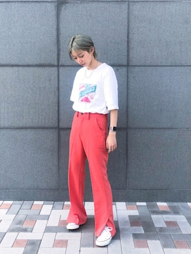 「coen（コーエン）のドライギャバスリットカラーフレアパンツ（スラックス、オレンジ系）」を使った、服好き美容師たけやんです🏳️‍🌈さん（レディース・159cm）の夏コーディネート