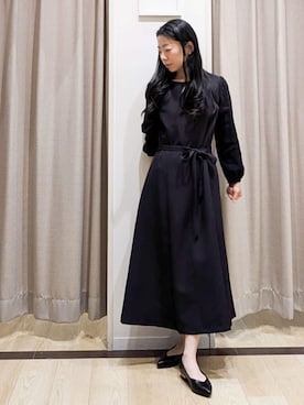 「couture brooch（クチュールブローチ）の【セレモニーシーン・おでかけにも】袖レースAラインワンピース（ワンピース、ブルー系）」を使った、sachiさん（レディース・152cm）の冬コーディネート