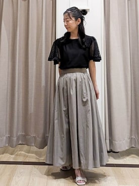 「couture brooch（クチュールブローチ）の【接触冷感・5分袖】ケミカルレースフレアスリーブトップス（Tシャツ/カットソー、ブラック系）」を使った、sachiさん（レディース・152cm）の夏コーディネート