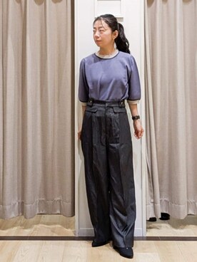 「couture brooch（クチュールブローチ）の【5分袖・華奢見え・通勤】配色スカラ5分袖ニット（ニット/セーター、ブルー系）」を使った、sachiさん（レディース・152cm）の夏コーディネート