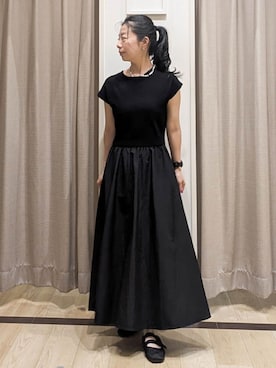 「couture brooch（クチュールブローチ）の【接触冷感・楽ちん・一枚でキマる】ドッキングニットワンピース（ワンピース、ブラック系）」を使った、sachiさん（レディース・152cm）の夏コーディネート