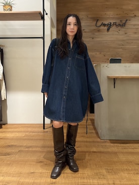 「Ungrid（アングリッド）のブラウジングデザインミニワンピース（ワンピース、ブルー系）」を使った、庄司　未菜美さん（レディース・159cm）の夏コーディネート