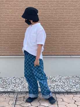 「H&M（エイチ・アンド・エム）のアイテム（シャツ/ブラウス、ホワイト系）」を使った、MKさん（キッズ・129cm）の夏コーディネート