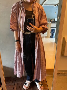 「アイテム（シャツワンピース、レッド系）」を使った、たーさん（レディース・158cm）の夏コーディネート