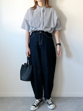 「Libra Cue（リブラ キュー）のハーフスリーブストライプフライヨークシャツ（シャツ/ブラウス）」を使った、𝚔𝚘さん（レディース・160cm）の夏コーディネート