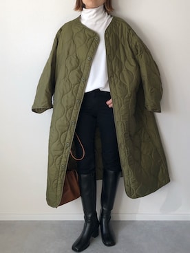 「黒スキニー」｜「アイテム（ノーカラーコート）」を使った、𝚔𝚘さん（レディース・160cm）の秋コーディネート