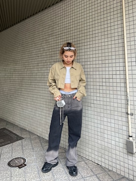 「ショート丈トップス」｜「アイテム（ミリタリージャケット）」を使った、CHIHONさん（レディース・158cm）の春コーディネート