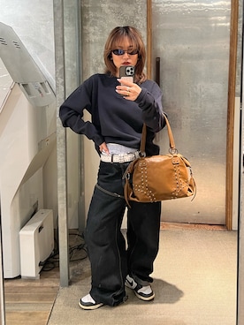 「ワッフルクルーネックＴ」｜「アイテム（パンツ）」を使った、CHIHONさん（レディース・158cm）の秋コーディネート