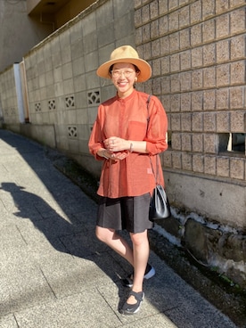 「アイテム（シャツ/ブラウス、ブラウン系）」を使った、TSURUGASAKI_163cmさん（レディース・163cm）の夏コーディネート