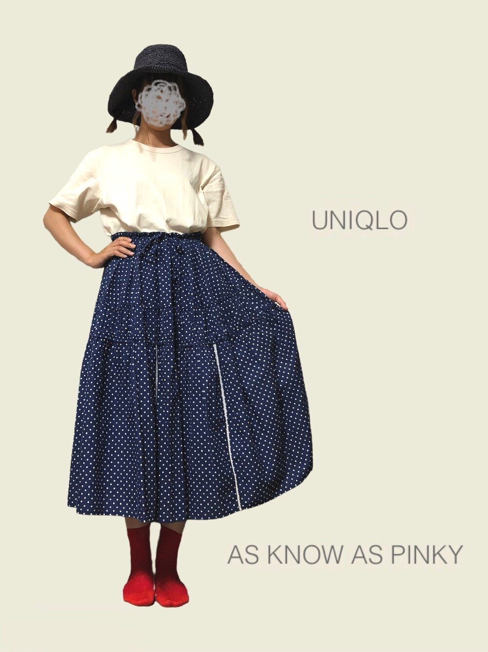「おしゃれさんと繋がりたい、UNIQLO、UNIQLO U、むぎわら帽子、夏コーデ、夏だ！Tシャツ着よう！、レトロ、60’s、水玉、ドット、麦わら帽子」｜「UNIQLOのクルーネックT（半袖）（Tシャツ/カットソー、ベージュ系）」を使った、sume 再投稿中さん（レディース・161cm）の夏コーディネートの1枚目の写真