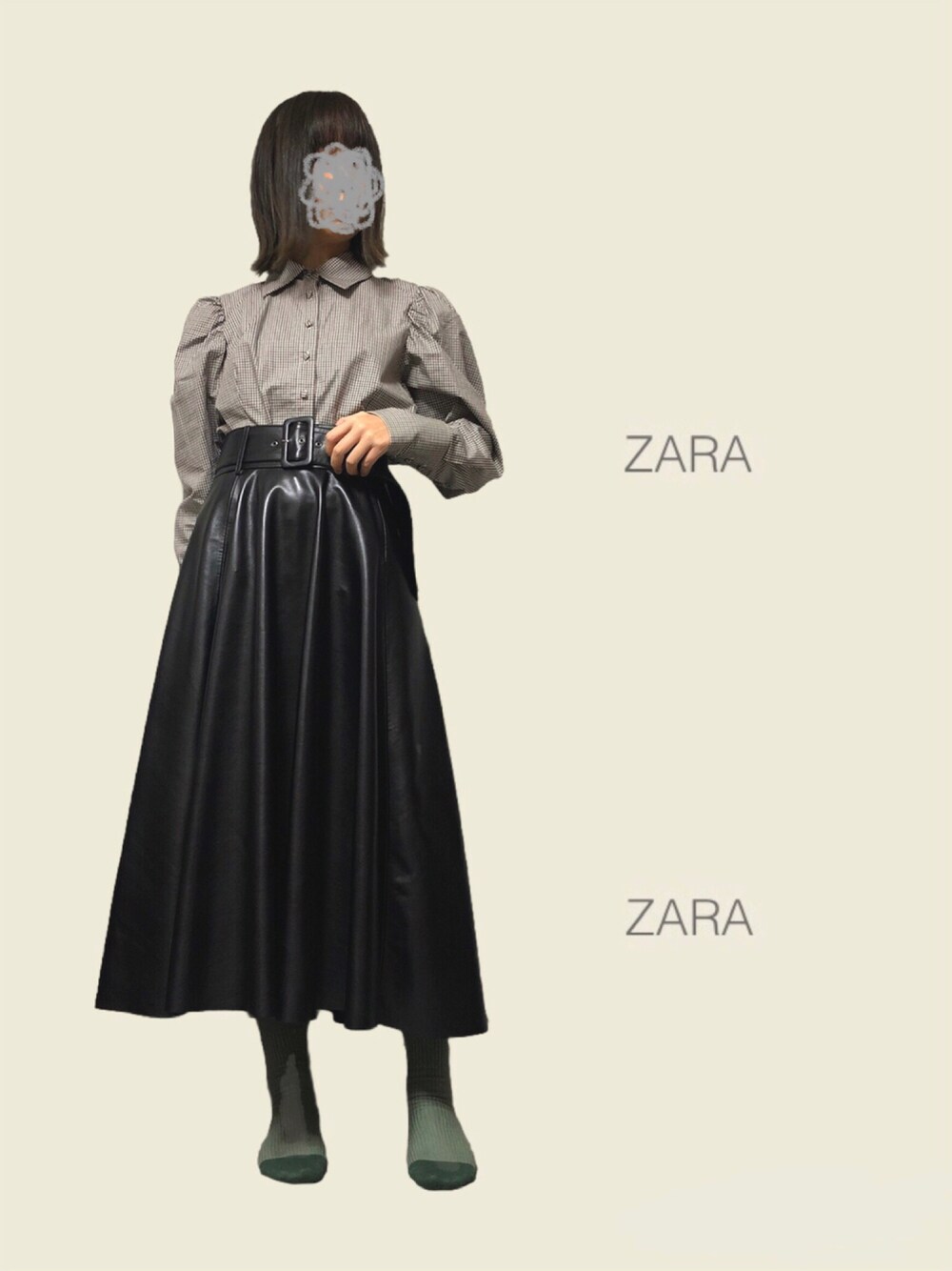 「レザー、ZARA、レザースカート、モノトーン、休日スタイル、パフスリーブ、ボリュームスリーブ、おしゃれさんと繋がりたい、ボリューム袖、私の推しブランド」｜「ZARAのベルト付きレザーテイストスカート（スカート、ブラック系）」を使った、sume 再投稿中さん（レディース・161cm）の秋コーディネートの1枚目の写真