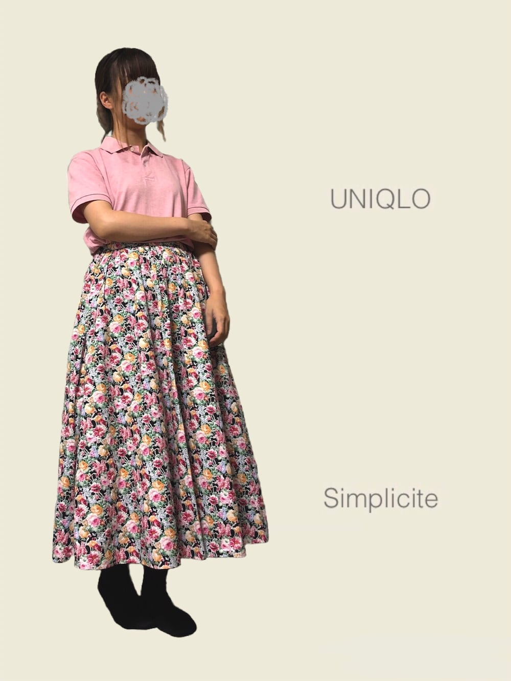 「UNIQLO、ポロシャツ、花柄スカート、ラクチンコーデ、おしゃれさんと繋がりたい」｜「UNIQLOのドライカノコポロシャツ（半袖）（ポロシャツ、ピンク系）」を使った、sume 再投稿中さん（レディース・161cm）の秋コーディネートの1枚目の写真