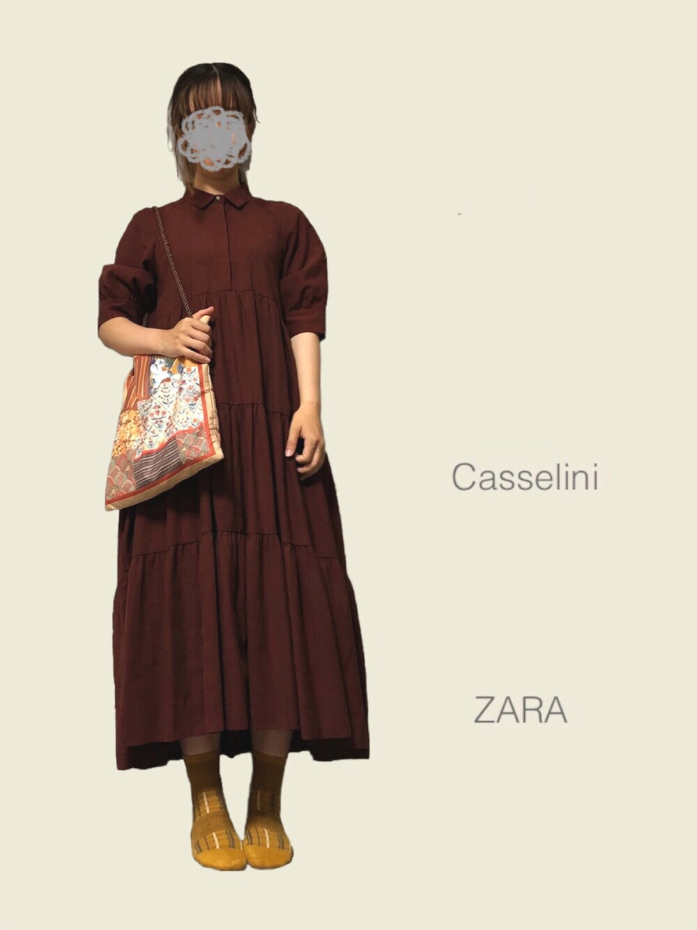 「ZARA、休日スタイル、休日コーデ、同系色コーデ、暖色系、casselini、パフスリーブ、ティアードワンピース、おしゃれさんと繋がりたい、だから秋服が好き」｜「Casseliniの【casselini】コラージュトートBAG（トートバッグ、ブラウン系）」を使った、sume 再投稿中さん（レディース・161cm）の秋コーディネートの1枚目の写真