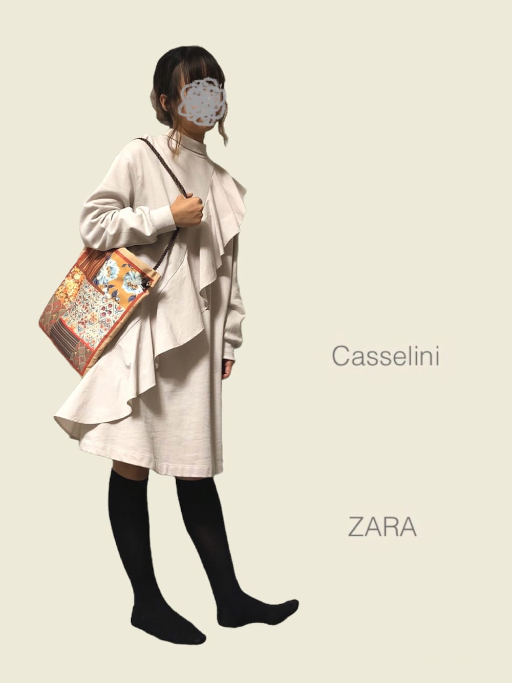 「ワンピース、スウェットワンピース、秋のコーデ、ハイネック、ZARA、casselini、おしゃれさんと繋がりたい、秋服準備はじめました、だから秋服が好き」｜「Casseliniの【casselini】コラージュトートBAG（トートバッグ、ブラウン系）」を使った、sume 再投稿中さん（レディース・161cm）の秋コーディネートの1枚目の写真