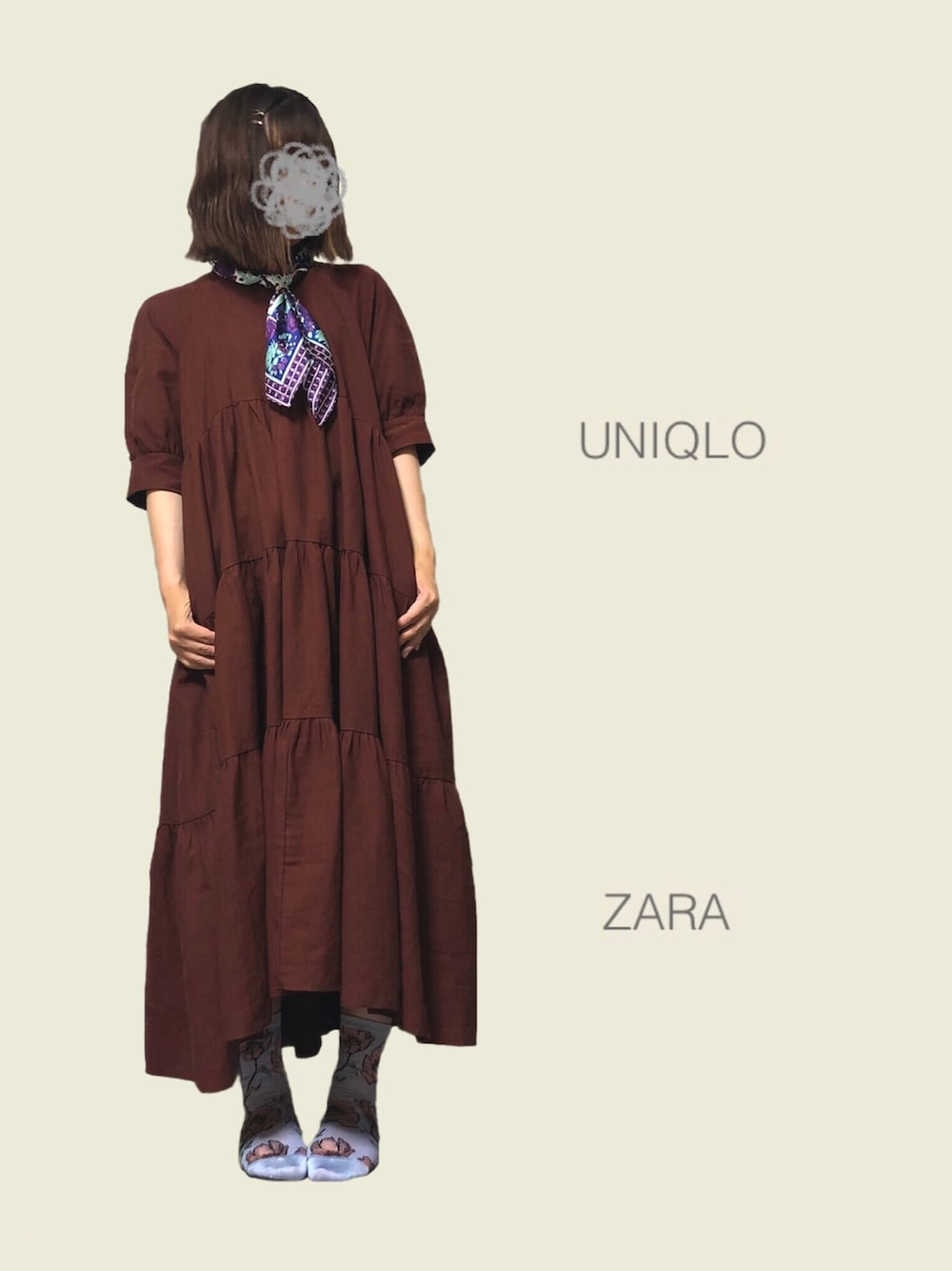「おしゃれさんと繋がりたい、ZARA、スカーフ、UNIQLO、お気に入り、ワンピース、2色コーデ、ティアードワンピース」｜「ZARAのアイテム（ワンピース/ドレス、ブラウン系）」を使った、sume 再投稿中さん（レディース・161cm）の夏コーディネートの1枚目の写真