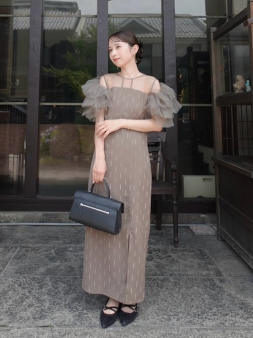 【新品】Leja オープンショルダーチュールストーンIラインワンピースドレス S Leja（レジャ） ドレス 「LEJA」オープンショルダーチュールストーンI