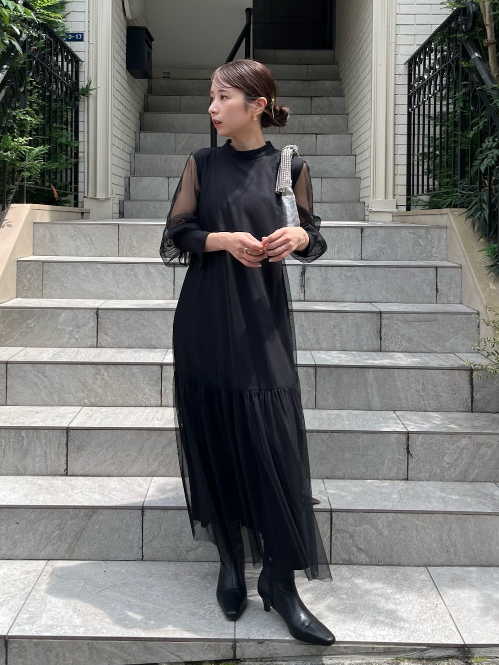 オケージョンアイテム】チュールハイネックワンピース ブラック TM