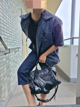 「Handmade（ハンドメイド）のアイテム（シャツ/ブラウス、ブルー系）」を使った、着物リメイクの変態さん（レディース・160cm）の夏コーディネート