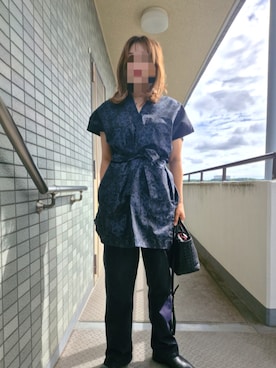 「Handmade（ハンドメイド）のアイテム（チュニック、ブルー系）」を使った、着物リメイクの変態さん（レディース・160cm）の夏コーディネート