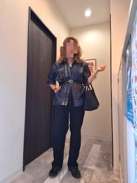 「Handmade（ハンドメイド）のアイテム（シャツ/ブラウス、ブルー系）」を使った、着物リメイクの変態さん（レディース・160cm）の夏コーディネート