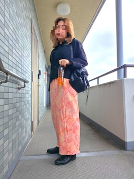 「Handmade（ハンドメイド）のアイテム（スカート、オレンジ系）」を使った、着物リメイクの変態さん（レディース・160cm）の春コーディネート