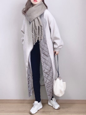 「巾着バッグ」｜「アイテム（ノーカラーコート）」を使った、ぴょんさん（レディース・167cm）の冬コーディネート