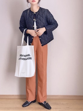 「Traditional Weatherwear」｜「アイテム（ノーカラージャケット）」を使った、ぴょんさん（レディース・167cm）の秋コーディネート