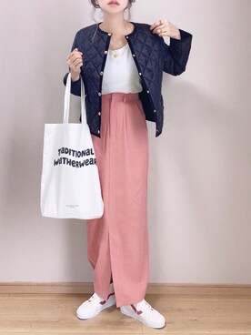 「Traditional Weatherwear」｜「アイテム（ノーカラージャケット）」を使った、ぴょんさん（レディース・167cm）の秋コーディネート