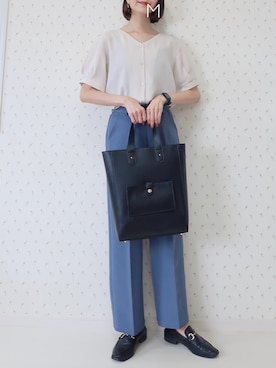 「select MOCA（セレクトモカ）の柔らかく履きやすいフェイクレザーゴールドビット付きローファー（ローファー）」を使った、MAYUKOさん（レディース・163cm）の夏コーディネート