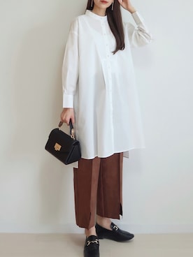 「select MOCA（セレクトモカ）の柔らかく履きやすいフェイクレザーゴールドビット付きローファー（ローファー）」を使った、MAYUKOさん（レディース・163cm）の秋コーディネート