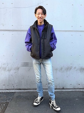 「SHIPS any（シップス エニィ）のアイテム（ダウンベスト）」を使った、徳山さん（メンズ・177cm）の春コーディネート