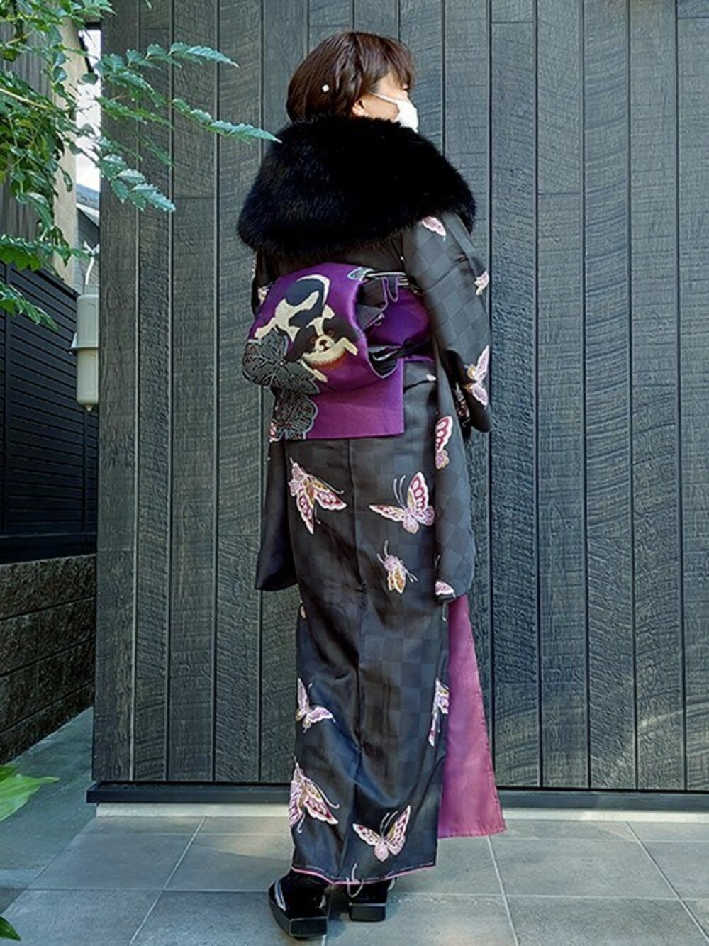 着物 ショール ファー付き パープル 着物 和装 ファー ショール