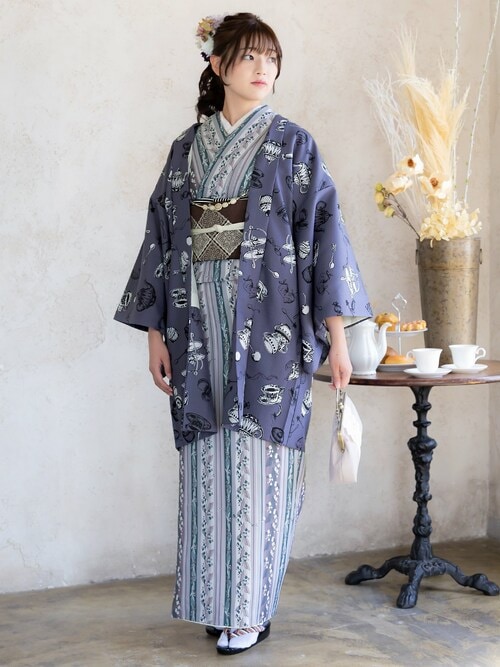 KIMONOMACHI オリジナル 2023-24　新作　洗える着物2点セット(着物+帯) M/L