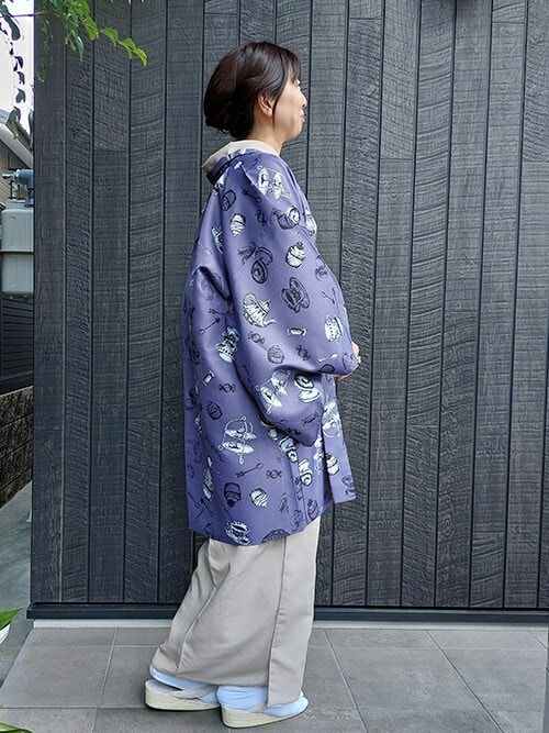 新品　KIMONOMACHI きもの町　洗える　パープル×グリーン幾何学　L 洗える着物15：パープル×グリーン幾何学 kimonomachiオリジナル