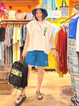 「アイテム（ハット、ブルー系）」を使った、チチカカさん（レディース・164cm）の夏コーディネート