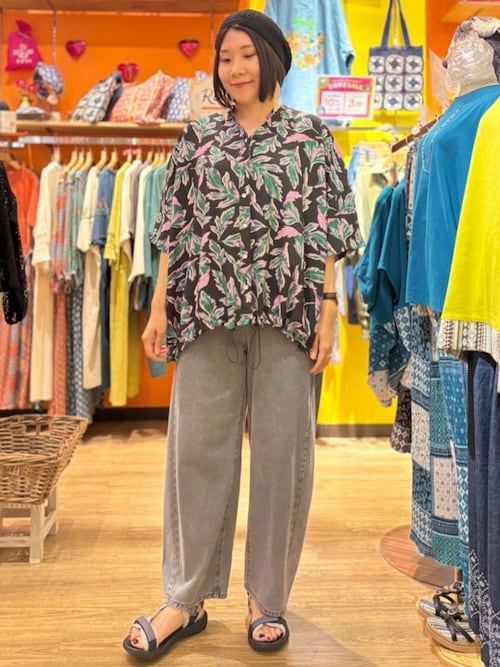 リーフプリントバンドカラーシャツ【大きいサイズ】（シャツ