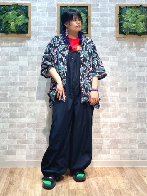 リーフプリントバンドカラーシャツ【大きいサイズ】（シャツ