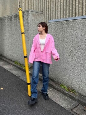 「アイテム（その他アウター、ピンク系）」を使った、LAGUAGEMさん（レディース・156cm）の春コーディネート