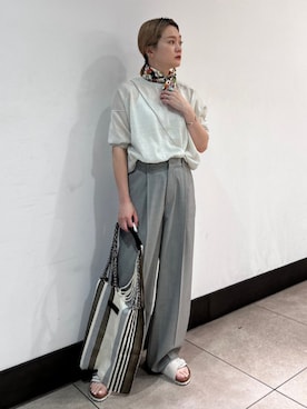「アイテム（トートバッグ、ブルー系）」を使った、田中さん（レディース・155cm）の夏コーディネート