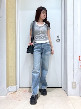 「PHILLY（フィリー）の【PHILLY】フェイクレイヤードフロントリボンT（Tシャツ/カットソー、グレー系）」を使った、WEGOさん（レディース・160cm）の春コーディネート