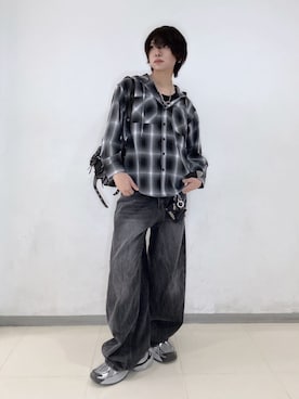 「WEGO（ウィゴー）のWEGO/【26年春夏新作】フードチェックシャツ（シャツ/ブラウス、ブラック系）」を使った、WEGOさん（レディース・160cm）の春コーディネート
