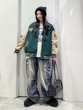 「アイテム（スタジャン）」を使った、WEGOさん（レディース・159cm）の秋コーディネート