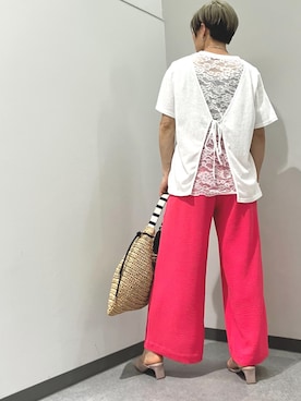 「Q（キュー）のバックレースレイヤードT（Tシャツ/カットソー、ホワイト系）」を使った、Q♥Officialさん（レディース・151cm）の夏コーディネート