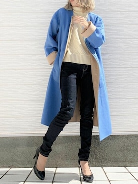 「Q（キュー）のアイテム（ノーカラーコート）」を使った、Q♥Officialさん（レディース・155cm）の秋コーディネート