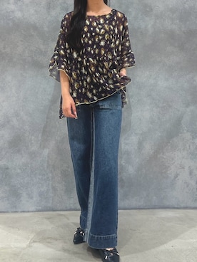 「Q（キュー）のQgirlワイドデニムインライン（デニムパンツ、ブルー系）」を使った、Q♥Officialさん（レディース・151cm）の夏コーディネート