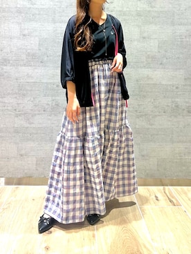 「Q（キュー）のチェック柄ティアードスカート（スカート、ブルー系）」を使った、Q♥Officialさん（レディース・151cm）の夏コーディネート