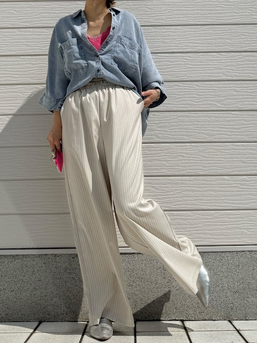 ストライプウエストギャザーワイドパンツ