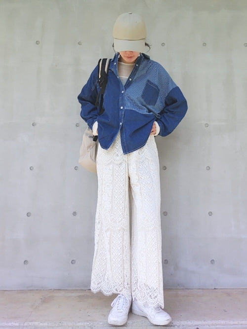 ブラウス シャツ 6ozスラブデニム×シアーデニムドッキングシャツ レディース デニムプリントシアーブラウス(ブラウス・シャツ) | al'aise