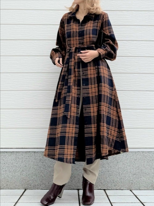 セール】チェックAラインシャツワンピース（シャツワンピース）｜Q